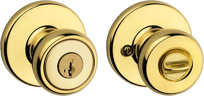 Kwikset Tylo Entry Door Knob with Lock and Key, Secure Keyed Handle Exterior, Front Entrance and Bedroom, Polished Brass, Pick Resistant SmartKey Rekey Security