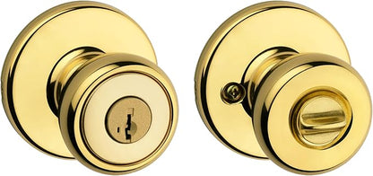 Kwikset Tylo Entry Door Knob with Lock and Key, Secure Keyed Handle Exterior, Front Entrance and Bedroom, Polished Brass, Pick Resistant SmartKey Rekey Security