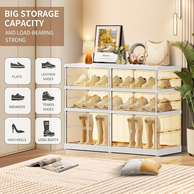 3-Tier Foldable Shoe Rack for Closet Entryway 6-12Pairs,Stackable Clear Shoe Storage Boxes Organizer with Door Plastic Small Shoe Cabinet Bins with Lids Narrow Shoe Shelf Easy Assembly