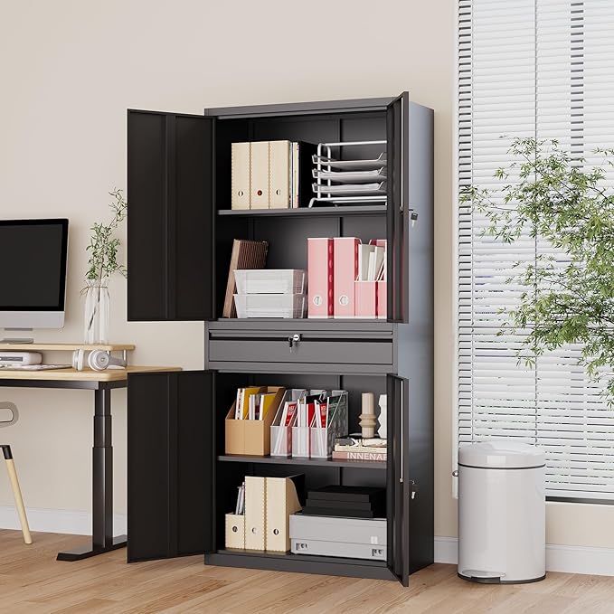 Metal Storage Cabinet with Drawer, Garage Storage Cabinet with Locking Doors and Adjustable Shelves for Garage, Home Office,Warehouse (Black)