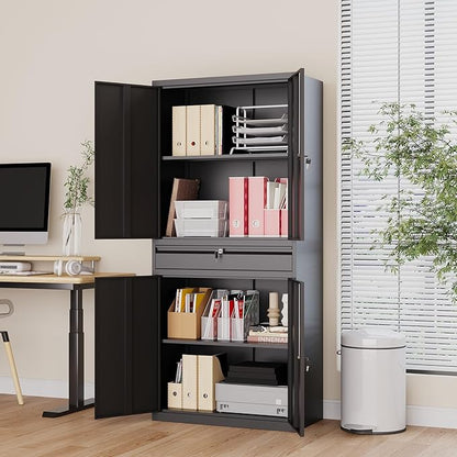 Metal Storage Cabinet with Drawer, Garage Storage Cabinet with Locking Doors and Adjustable Shelves for Garage, Home Office,Warehouse (Black)