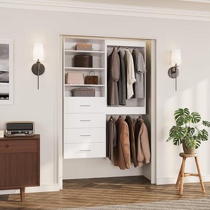 ROOMTEC Modular Closet System, 46" Wall-Mounted Closet Organizer with Drawers and Hanging Rods, Wooden Tower for Walk-In Closets, Wardrobe Storage Kit, White