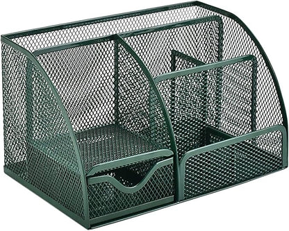 VANRA Office Supply Caddy Metal Mesh Desktop Supplies Organizer School Supply Holder Stuff Storage Organizer 6 Compartments with Drawer (Olive Green)