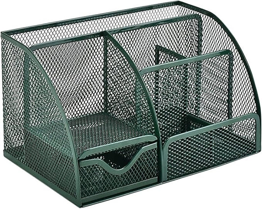 VANRA Office Supply Caddy Metal Mesh Desktop Supplies Organizer School Supply Holder Stuff Storage Organizer 6 Compartments with Drawer (Olive Green)