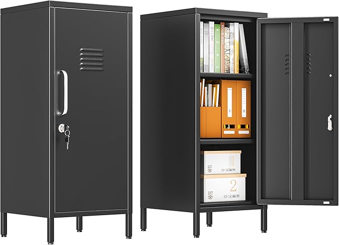 35.43" Metal Storage Locker with Lockable, Metal Steel Locker for Employees with 1 Door ＆ 2 Adjustable Shelves, Small Locker Storage Cabinets for Home, School, Office, Gym (Black)