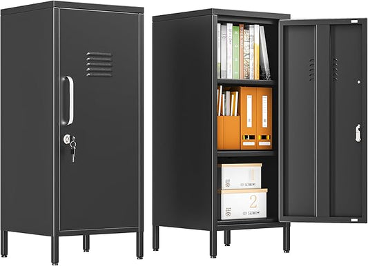 35.43" Metal Storage Locker with Lockable, Metal Steel Locker for Employees with 1 Door ＆ 2 Adjustable Shelves, Small Locker Storage Cabinets for Home, School, Office, Gym (Black)