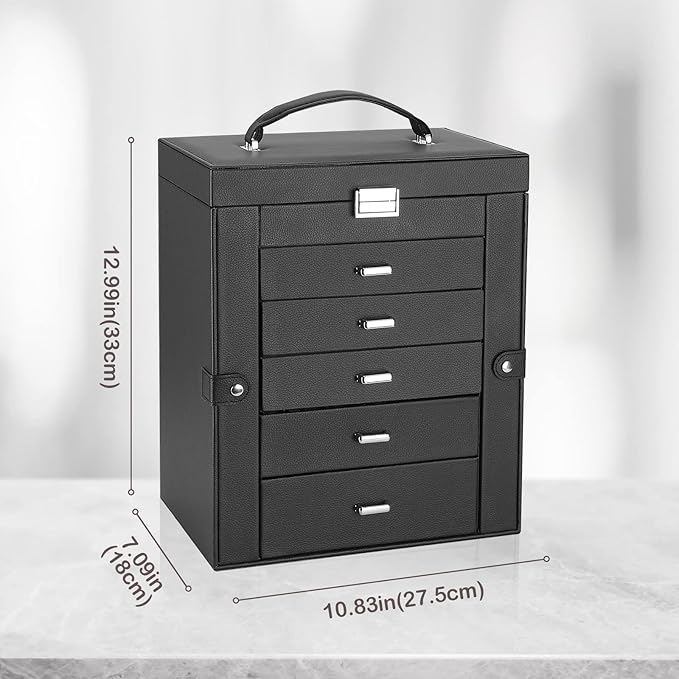 ProCase Large Jewelry Organizer Box for Women, 6 Layers Storage Display Holder Case with Drawers and Dividers for Earrings Necklaces Rings Bracelets, Mother's Day Gift -Black
