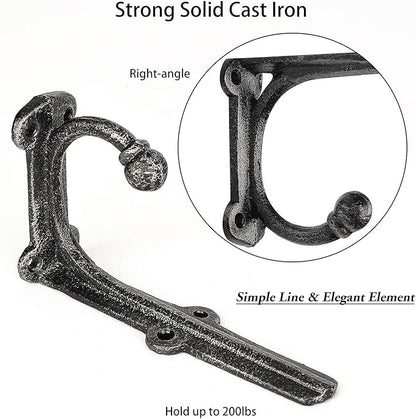 Shelf Brackets with Hooks 6 Inch, Heavy Duty Floating Shelf Bracket, Cast Iron Shelving Brackets for DIY Wall Shelves, Rustic Shelf Brackets, 2 Pack