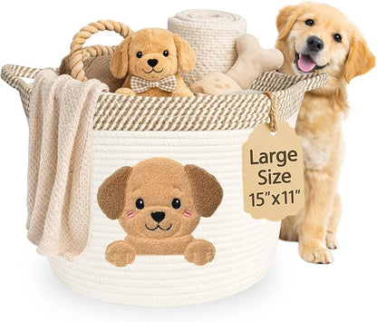 Golden Retriever/Labrador Dog Toy Basket, 15x11 Inch Woven Cotton Rope Storage Bin with Puppy Patch, Large Pet Organizer for Toys, Blankets, Leashes, Living Room Decor (Beige/White)