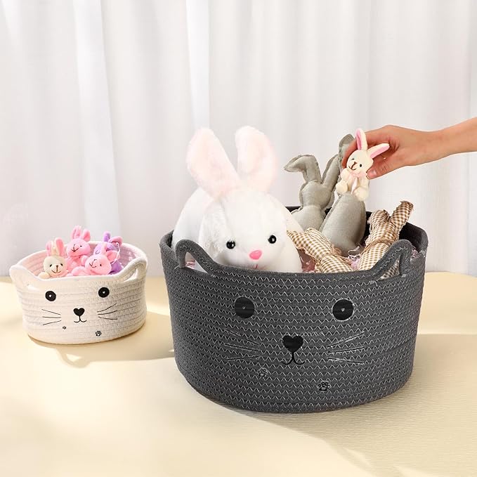 Zopeal Cat Basket Storage Woven Organizer with Ears Easter Decorative Gift Pet Toy Cute Cotton Rope Basket for Gift Cat Dog Toy Bin Nursery Room(13.7 x 7.8 Inch,Dark Grey)