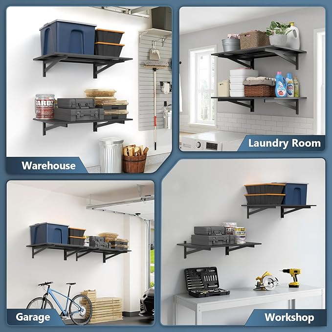 2 Pack Heavy Duty Garage Wall Shelving (2x3ft), 700lbs Capacity Garage Shelving Wall Mounted, 24"x72"Garage Storage Rack Floating Shelves, Black