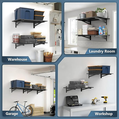2 Pack Heavy Duty Garage Wall Shelving (2x3ft), 700lbs Capacity Garage Shelving Wall Mounted, 24"x72"Garage Storage Rack Floating Shelves, Black