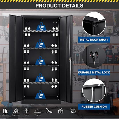 Metal Storage Cabinet-72” Black Tall Steel File Cabinets with Lockable Doors and Adjustable Shelves-Black Steel Storage Cabinet for Kitchen, Office, Garage