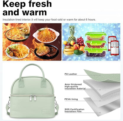 BALORAY Lunch Bag for Women Men, Double Deck Lunch Box for Adults, PU Leather Lunch Tote Bag Insulated Lunch Bags with Strap for Work Office Picnic(Green with strap)