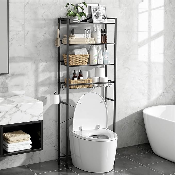 4 Tier Over The Toilet Storage Rack, Bathroom Organizer Shelf Over Toilet with 4 Hook and Roll Holder, Space Save Freestanding Metal Bathroom Shelves