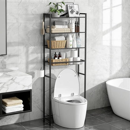 4 Tier Over The Toilet Storage Rack, Bathroom Organizer Shelf Over Toilet with 4 Hook and Roll Holder, Space Save Freestanding Metal Bathroom Shelves