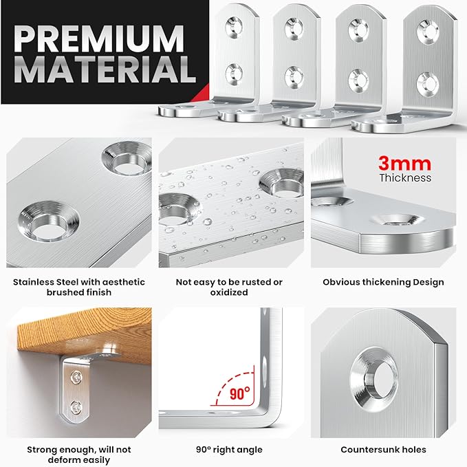 FANDAMEI 8 PCS Heavy Duty Corner Brace, 40x40mm Stainless Steel Joint Right Angle Brackets with Screws, 90 Degree Wall Brackets Hanger for Shelves, Tables, Dressers, Chairs, Silver