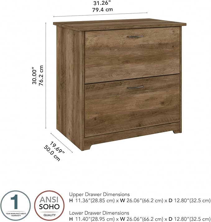 Bush Home Cabot 2 Drawer Lateral File Cabinet in Reclaimed Pine, Home Office Chest for Letter, Legal, and A4-size Document Storage