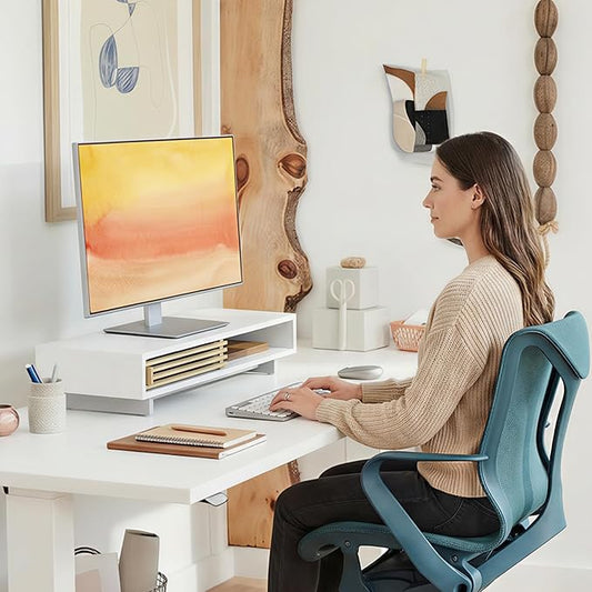 Monitor Stand Riser with Sliding Door, Computer Laptop Stand Desk Shelf Organizer with Storage (White + Natural Bamboo, 25 Inch)