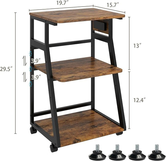 Natwind 19.7"x15.7" Printer Stand,3 Tier Printer Table with Charging Station, Rolling Cart with Adjustable Storage Shelf for Home Office Organization, Stand for Heat Press,3D Printer (Retro)
