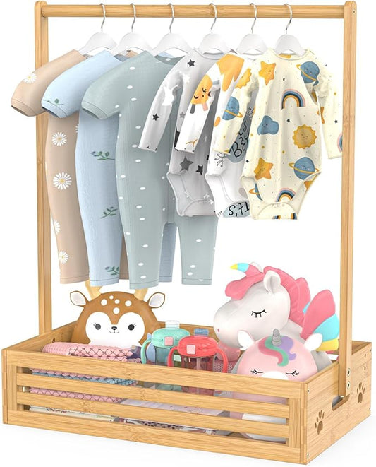 Baby Clothing Rack for Toddler, Pets Clothes Rack with Storage Box & Adjustable Hanging Rod for Dogs/Cats, Baby Shower Clothes Closet Rack with Handle for Nursery Room (Natural, Baby)