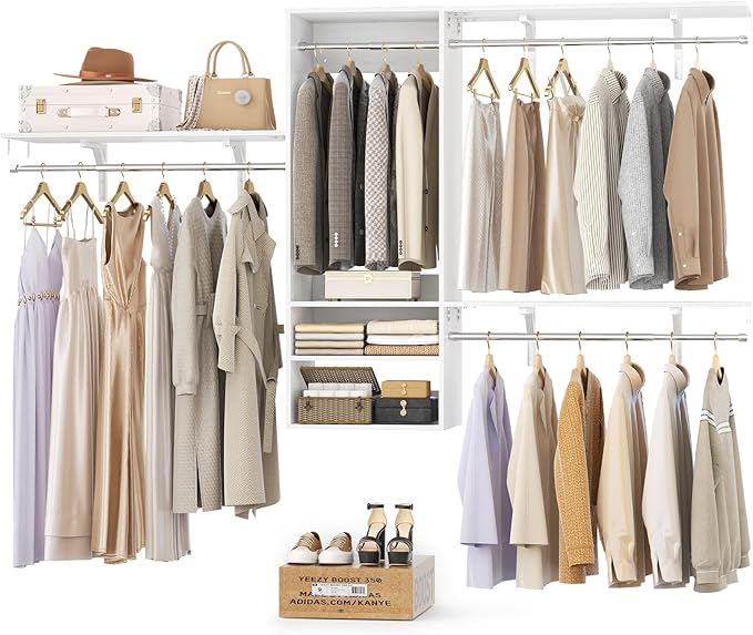 Cyclysio 96 Inch Closet System, 8 FT Hanging Closet Organizer System, Walk in Closet System with 4 Adjustable Rods and 3 Shelving Towers for 4-8FT Spaces(Cut-to-Fit), White
