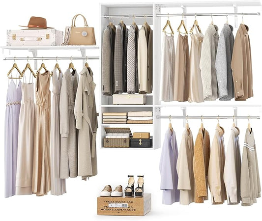 Cyclysio 96 Inch Closet System, 8 FT Hanging Closet Organizer System, Walk in Closet System with 4 Adjustable Rods and 3 Shelving Towers for 4-8FT Spaces(Cut-to-Fit), White