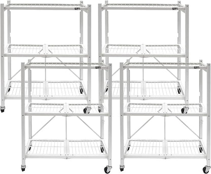 Origami 4-Pack General Purpose Foldable 3-Tier Shelf Storage Rack & Wheels, R3, White
