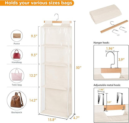 Syeeiex Over The Door Purse Organizer with Zippers, 4 Mesh Shelves,Clear Slubbed Fabric+PVC Hanging Closet Bag Organizer, Dustproof Handbag Closet Tote Storage Bag for Door, Wardrobe, Beige