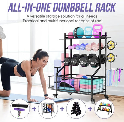 WUC Dumbbell Rack, Adjustable Weight Rack for Home Gym Storage, All-in-One Workout Storage Racks with Wheels and Hooks for Dumbbells, Kettlebells, Yoga Mats & Balls, Durable Powder Coated Steel, Black