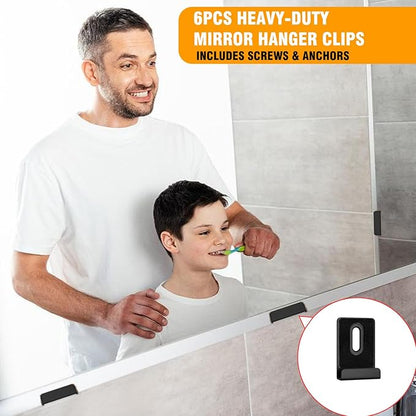6Pcs Heavy-Duty Metal Mirror Hanger Clips - Wide Channel Rust-Resistant Brackets for Frameless Bathroom/Office/Gym Wall Mirrors, Includes Screws & Anchors