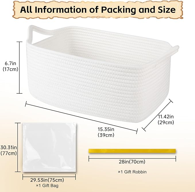 OIAHOMY 19L Woven Basket, Gift Basket Empty with Gift Bags and Ribbons, Rope Baskets for Baby Showers, Storage Baskets with Handles for Nursery, Pet Toy Organizer - White