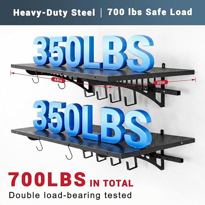 Zonon 2 Pack 1.67 x 4 ft Heavy Duty Garage Wall Shelving with 12 Hooks, 700 Lbs Load Capacity, Wall-mounted Garage Storage Shelving and Organization for Sheds, Closets, or Utility Rooms