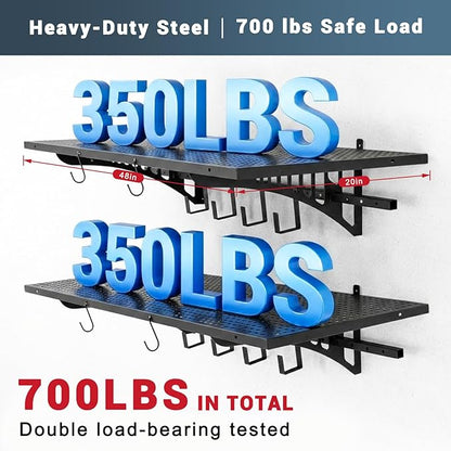 Zonon 2 Pack 1.67 x 4 ft Heavy Duty Garage Wall Shelving with 12 Hooks, 700 Lbs Load Capacity, Wall-mounted Garage Storage Shelving and Organization for Sheds, Closets, or Utility Rooms