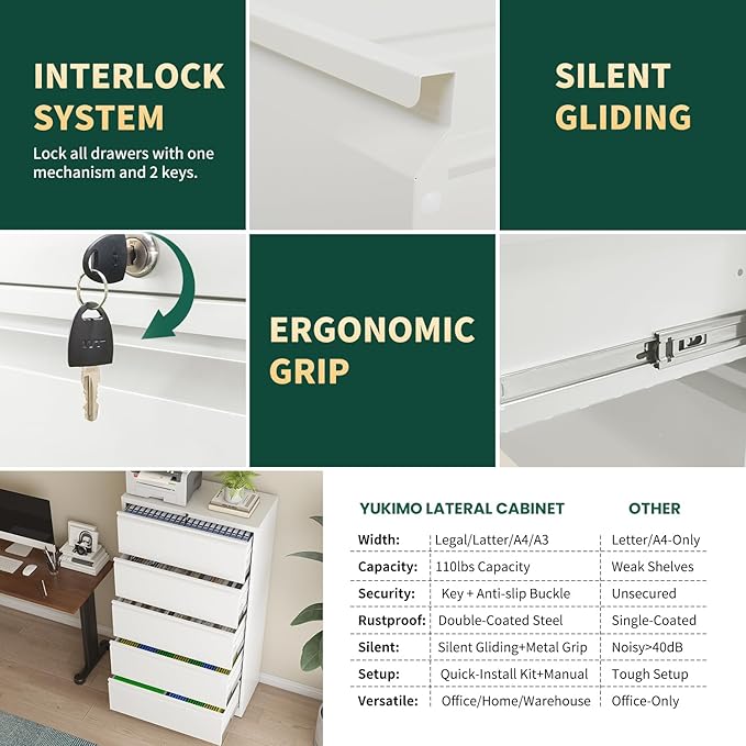 Lateral File Cabinet 4 Drawer, Metal File Cabinets for Home Office Legal/Letter A4 Size, File Cabinet with 4 Lock, Require Assembly, White