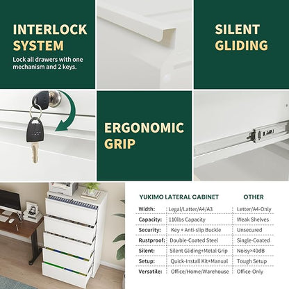 Lateral File Cabinet 4 Drawer, Metal File Cabinets for Home Office Legal/Letter A4 Size, File Cabinet with 4 Lock, Require Assembly, White