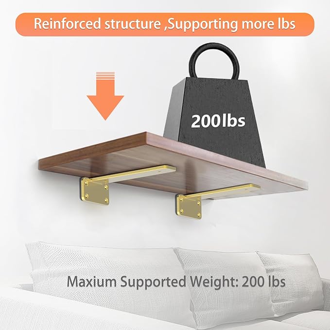 Floating Shelf Brackets Upgraded,12 inch, Gold Heavy Duty Iron Shelf Brackets, Industrial Modern Floating Shelf Support for Wall Mount Shelves,Wide Brackets ,4 Pack, Support DIY(5mm Thickening Type).