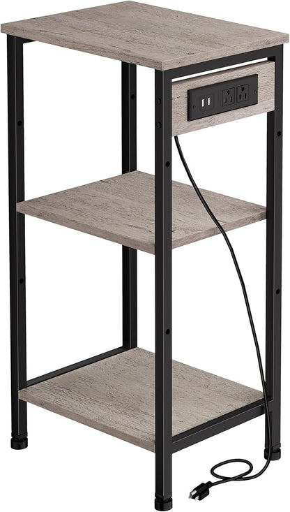 Tall End Table with Charging Station, 3 Tier Narrow Beside Table with Adjustable Shelf, Tall Side Table Nightstand for Bedroom, Living Room Coffe Table, Office, Greige