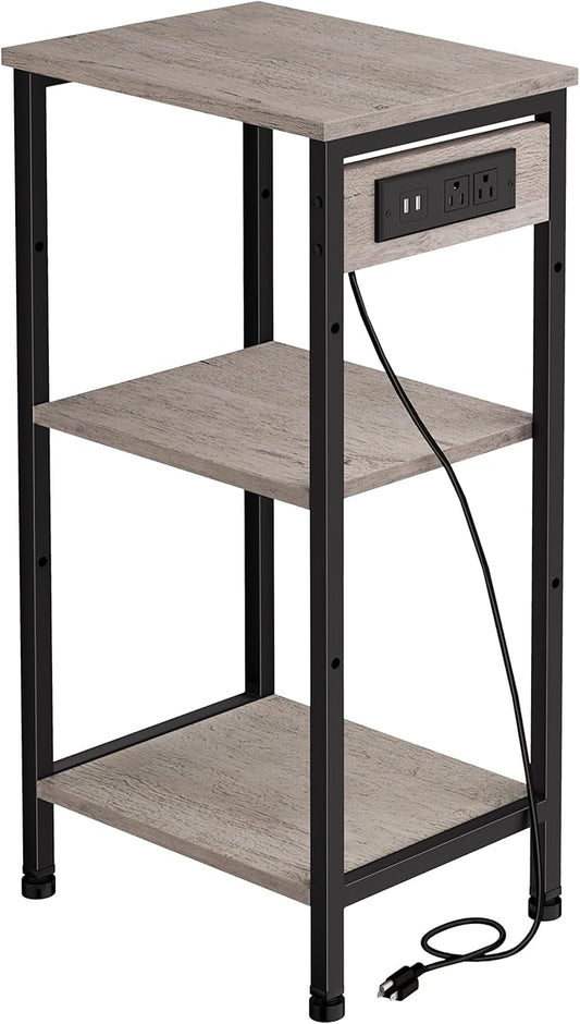 Tall End Table with Charging Station, 3 Tier Narrow Beside Table with Adjustable Shelf, Tall Side Table Nightstand for Bedroom, Living Room Coffe Table, Office, Greige
