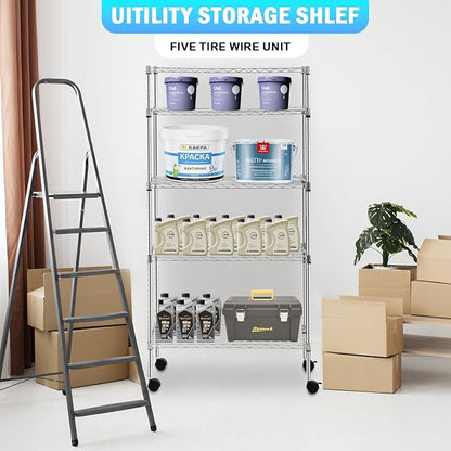 PayLessHere | 5-Tier Wire Shelf with Wheels | 14"x30"x60" | Chrome | Adjustable Racks | Heavy-Duty Storage Shelves, Holds Upto 220 lbs | Rust-Resistant, No-Tool Assembly | for Home, Garage Shelving