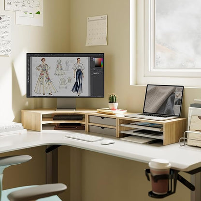Fenge Dual Monitor Stand, Corner Monitor shelf with Drawer and Slide-Out Tray, 2 Tier Triangle Monitor Riser with Storage, Desk Shelf Organizer for Desk, Home Office, Computer, Laptop, Printer