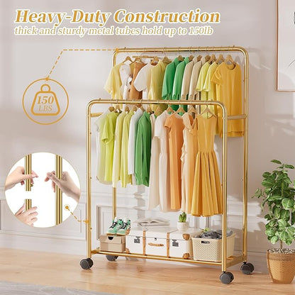Simple Trending Clothing Clothes Rack Double Rods with Wheels, Rolling Metal Garment Rack for Hanging, Gold