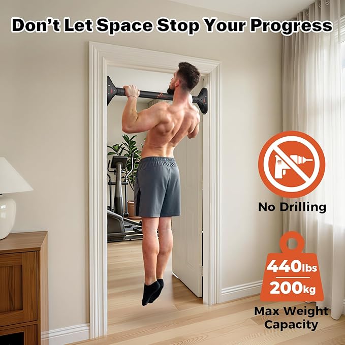 Sportneer Pull Up Bar: Strength Training Chin up Bar No Screws - Adjustable 29.5''-37''(75-94cm) Width Locking Mechanism Pull up Bar for Doorway - Max Load 440lbs for Home Gym Upper Body Workout, Non-slip