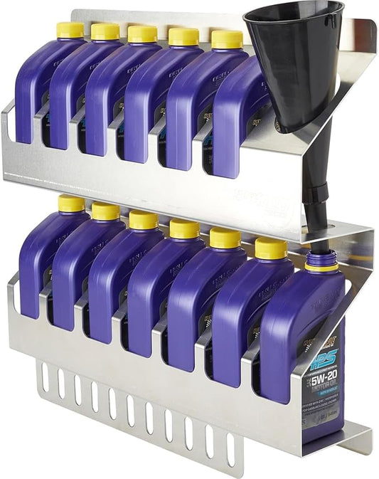 Speedway Motors 12 Quart Oil Storage Shelf Aluminum Rack for Garage or Trailer Holds Quart Bottles and Funnel Lightweight Mount Anywhere Shop Organization