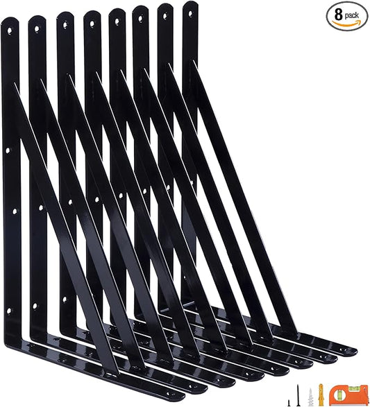 8-Pack 18 Inch Heavy Duty Shelf Brackets, Thicken Wall Bracket for Garage Floating Storage Shelves, 90 Degree Triangle Large L Bracket, Black Powder-Coated Steel