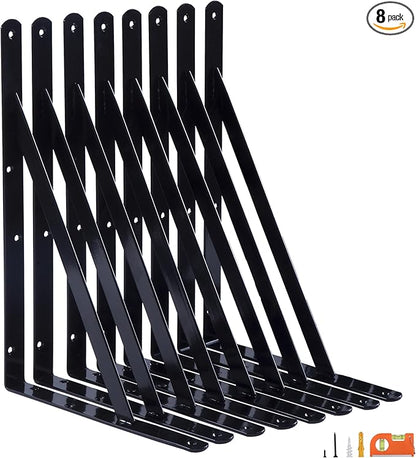 8-Pack 14 Inch Heavy Duty Shelf Brackets, Thicken Wall Bracket for Garage Floating Storage Shelves, 90 Degree Triangle Large L Bracket, Black Powder-Coated Steel