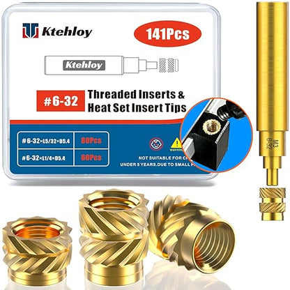 141Pcs #6-32 Threaded Inserts, Female Thread SAE Knurled Nuts Assortment Kit, Brass Heat Set Insert for Plastic and 3D Printing Components(#6-32, L5/32×D5.4 and L1/4×D5.4)