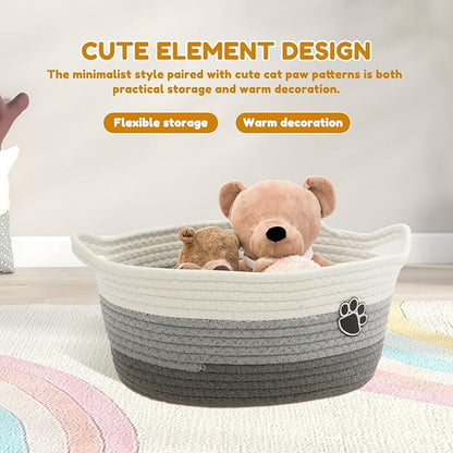 Woven Toy Storage Basket Bin Dog Toy Basket Foldable Cotton Rope Box Multipurpose Woven Case Portable Diaper Organizer Box for Toys Living Room Bathroom (Grey White)