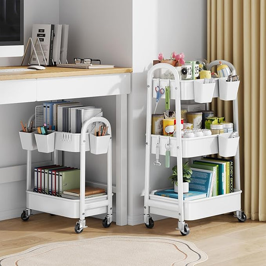 2 Tier Rolling Cart Metal with Wheels, White Under Desk Storage Roller Caddy on Wheels, Two Tiered Short Shelf Trolley, Small Utility Organizer Carts for Dorm, Bathroom, Craft, Art, Baby, Pantry,Snack