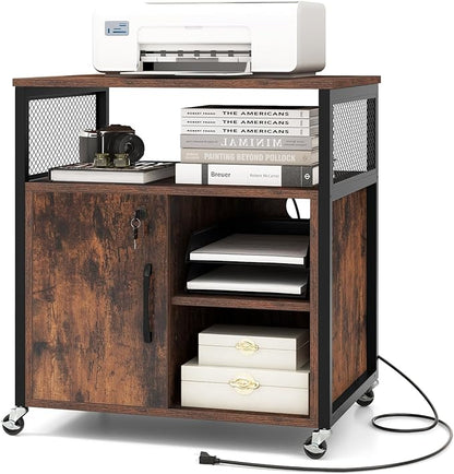 Giantex File Cabinet, Lateral Filing Cabinet with Lock, Wheels, Charging Station, Cable Hole, Lockable Side Cabinet, Adjustable Shelves, Metal Frame, Printer Stand for Home Office Small Space (Brown)